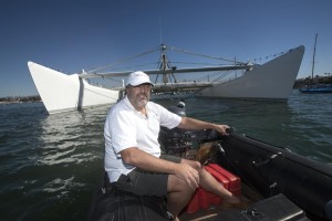 Chris Welsh, of Newport Beach cruises by his 125 feet Catamaran he named Cheyenne in Newport Beach on Thursday. The Cheyenne, will be a launching pad for a deep sea submarine, which Welsh will pilot to explore the deepest places in the 5 Oceans. //ADDITIONAL INFORMATION: cu.0219.cheyenneÐ 02/12/15 Ð ED CRISOSTOMO, ORANGE COUNTY REGISTER- Story on Chris Welsh, a Newport Beach resident who wants to use his boat, the Cheyenne, as a launching pad for a deep sea submarine. The submarine would explore some of the deepest points of the ocean, like the Mariana Trench. Might have some issues photographing the submarine (apparently he has defense contracts for the sub), but thought could take photos of Welsh with the boat.